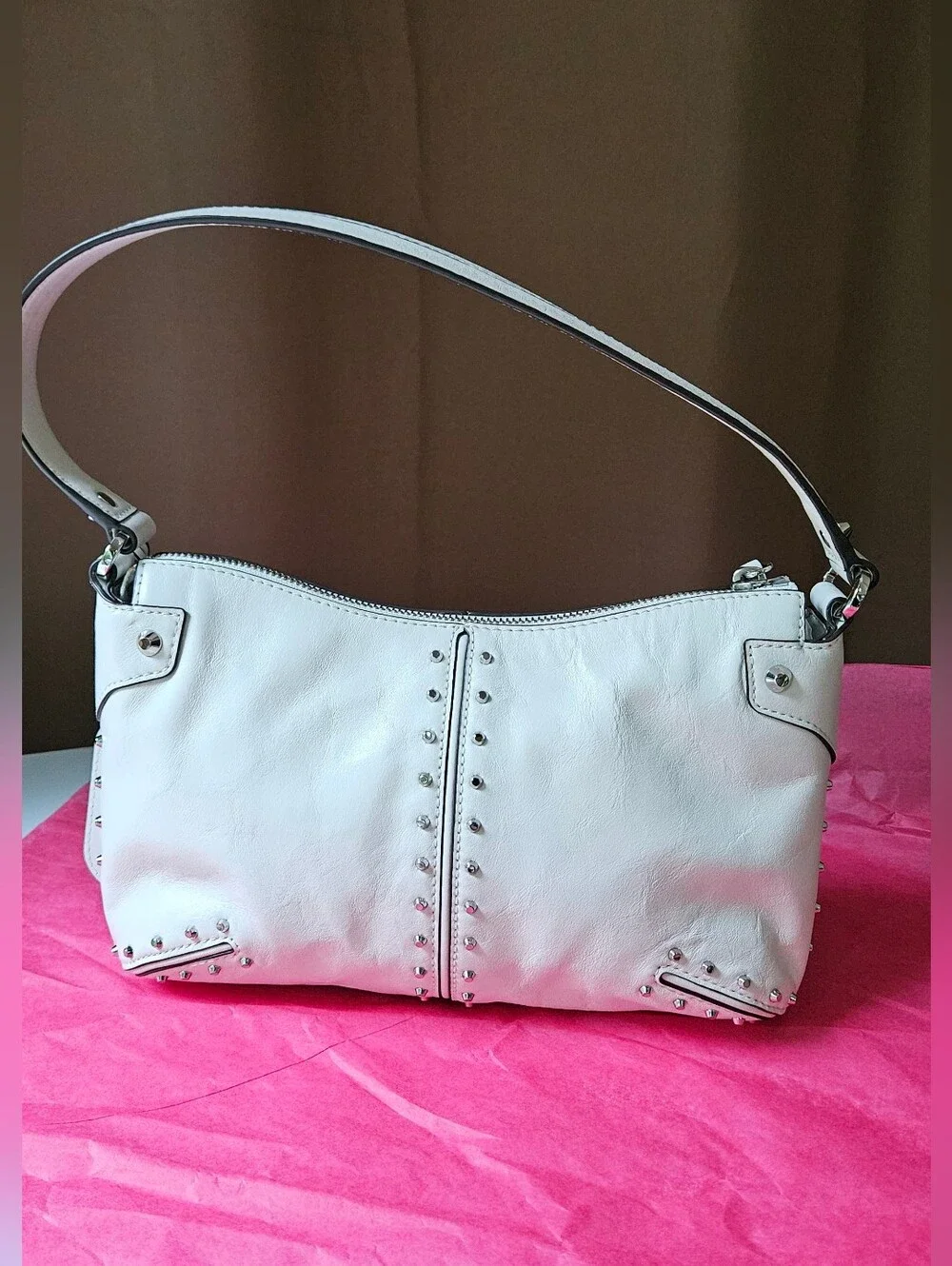 NWOT Michael Kors Astor Studded Leather Shoulder Bag Optic White